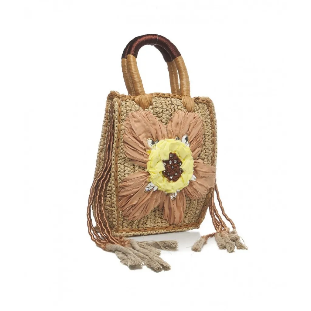 Borsa in rafia con dettaglio floreale beige